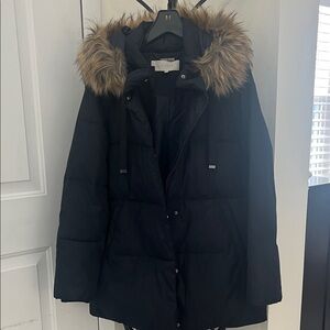 Dark blue almost Black Puffer Coat with Faux Fur Hood that is detachable.